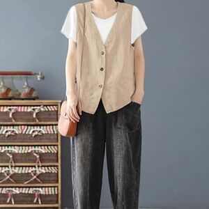 IDEALSANXUN Women's Cotton Linen Vest Casual Sleeveless Blazer Khaki XL